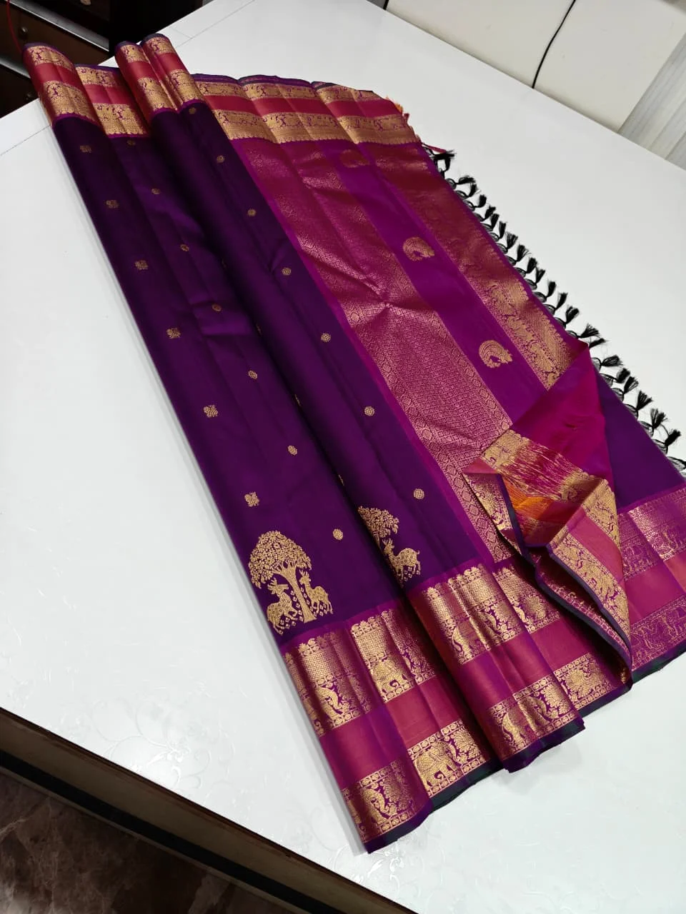 Magenta Pink and Wine Maroon Kancheepuram Silk Saree